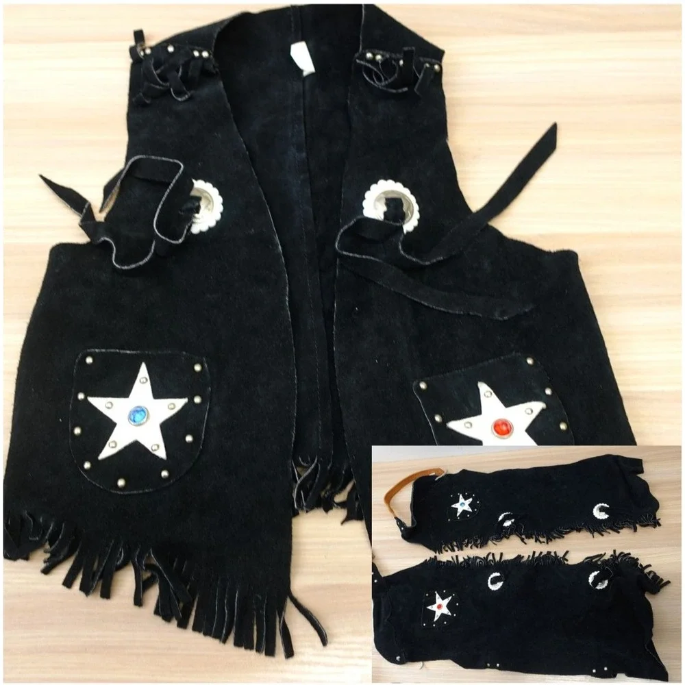 Vintage Cowboy‎ Vest Chaps Set Boys M Black Suede Studded Fringe Halloween USA